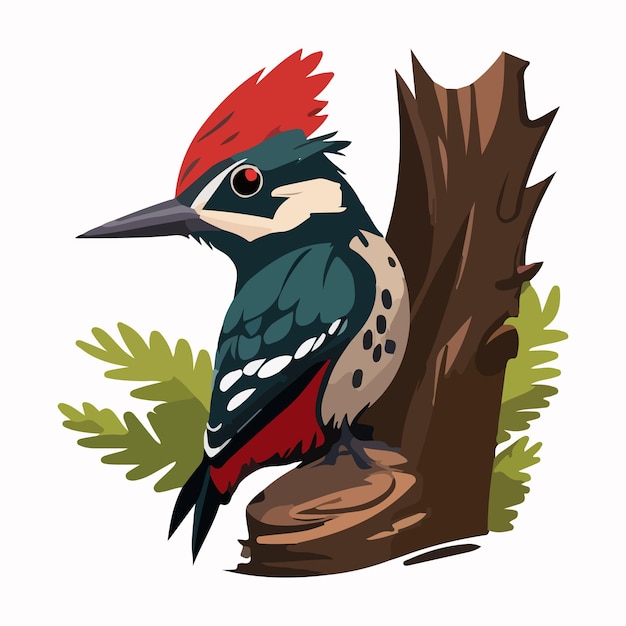 Vector una caricatura de un pájaro carpintero con rojo en la cresta.