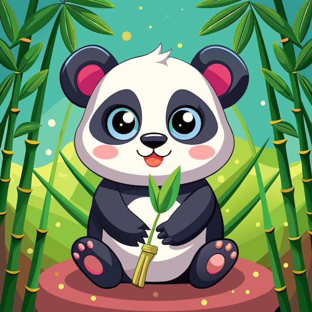 Una caricatura de un panda con bambú en el fondo