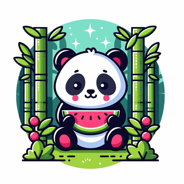 una caricatura de un panda sentado frente a un bosque con palos de bambú