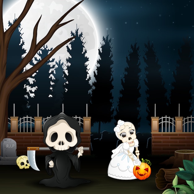 Vector caricatura de la parca y la novia del cráneo en el jardín por la noche