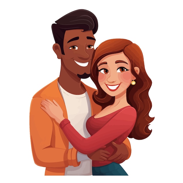 Vector caricatura de una pareja interracial abrazándose