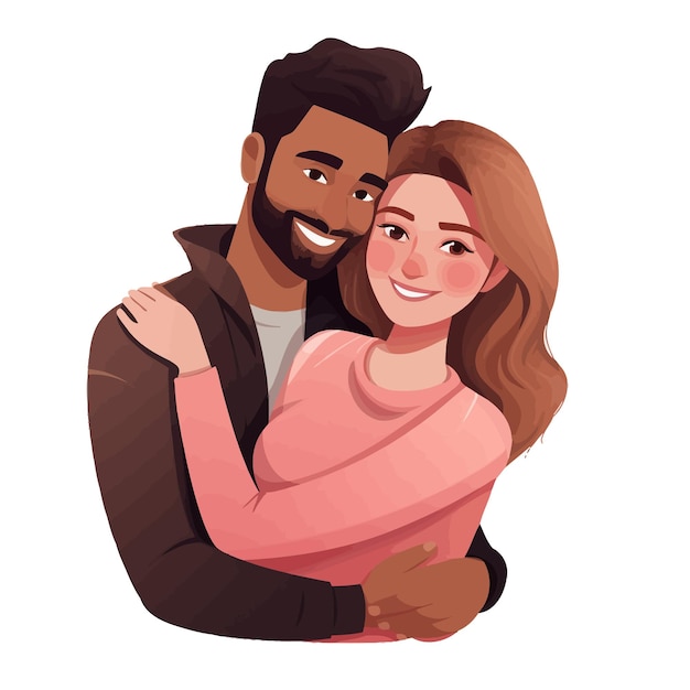 Vector caricatura de una pareja interracial abrazándose