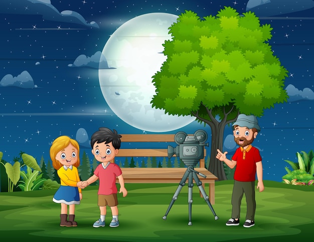 caricatura, pareja joven, ser, filmado, por, camarógrafo