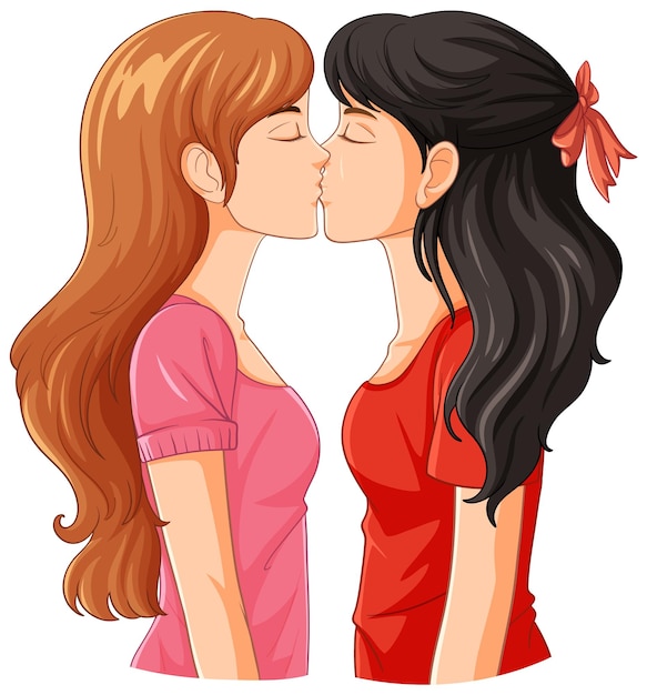 Vector caricatura, pareja lesbiana, besar