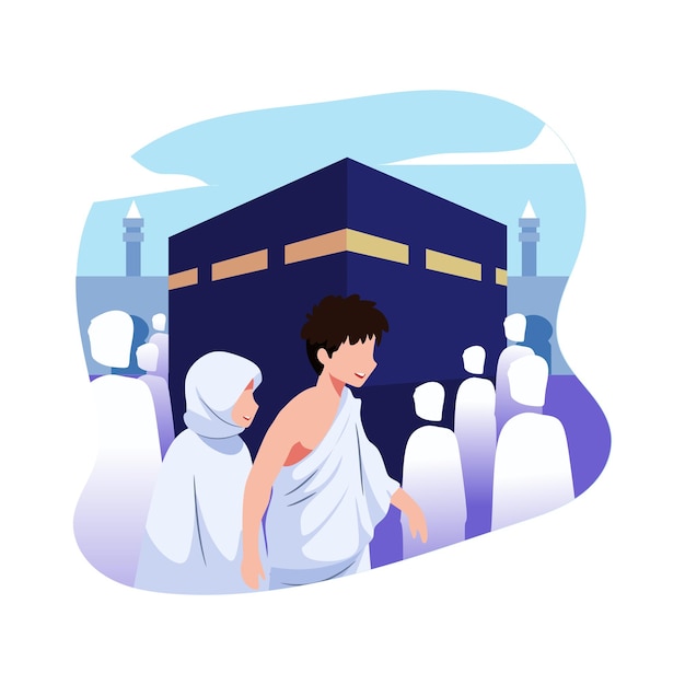 Vector una caricatura de una pareja musulmana caminando frente a la kaaba