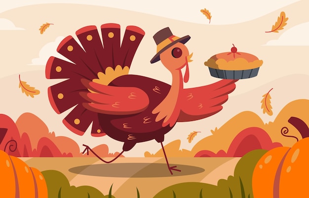 una caricatura de un pavo con un pastel y un plato de comida