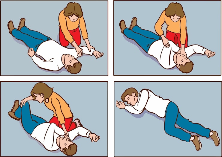 Vector una caricatura de una persona asistida por un hombre.