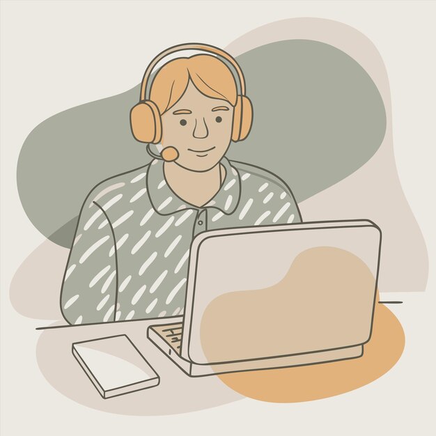 una caricatura de una persona con auriculares y una pantalla de computadora con una persona que usa auriculares