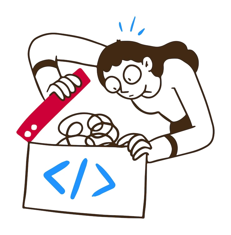 Vector caricatura de una persona depurando con una lupa y símbolos de código que representan la resolución de problemas
