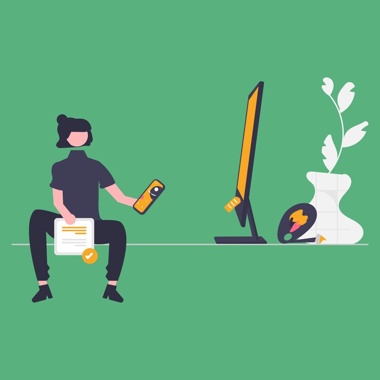 Vector una caricatura de una persona sentada frente a una pantalla de computadora con una computadora portátil y una planta en el fondo.