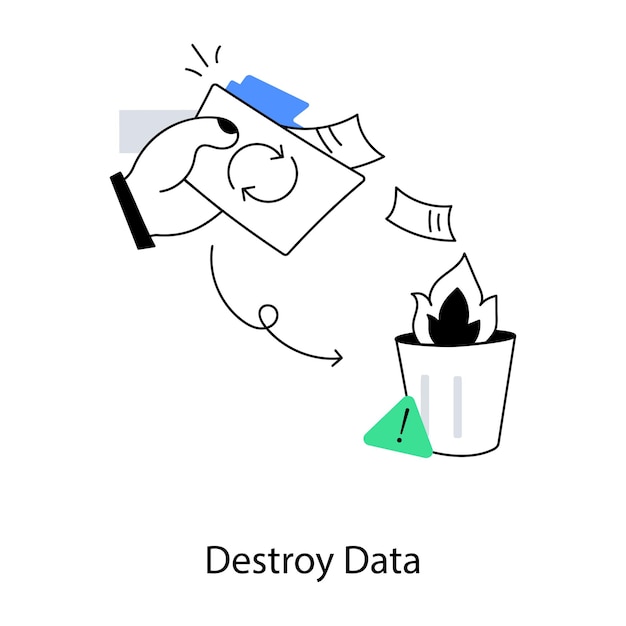 Una caricatura de una persona tirando un papel en un bote de basura con las palabras destruir datos en él.
