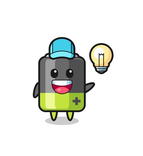 Caricatura de personaje de batería obteniendo la idea, diseño de estilo lindo para camiseta, pegatina, elemento de logotipo