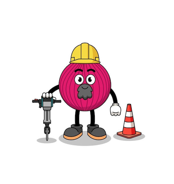 Caricatura de personaje de cebolla roja trabajando en el diseño de personajes de construcción de carreteras