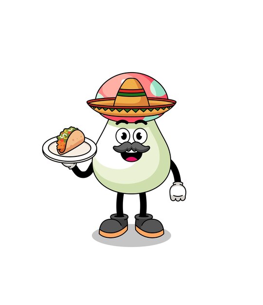 Caricatura de personaje de champiñón como chef mexicano.