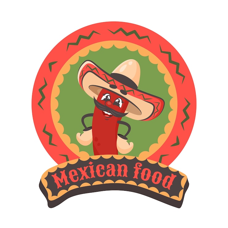 Vector caricatura personaje cómico guindilla con sombrero elemento latinoamericano texto de comida mexicana vector