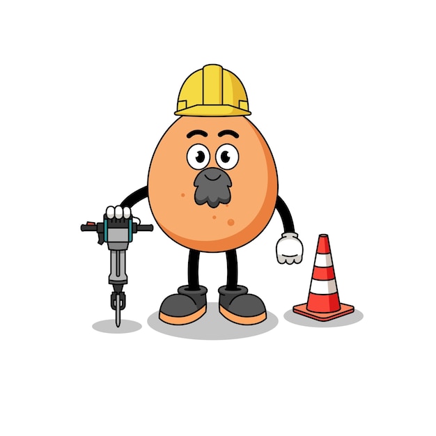 Caricatura de personaje de huevo trabajando en diseño de personajes de construcción de carreteras