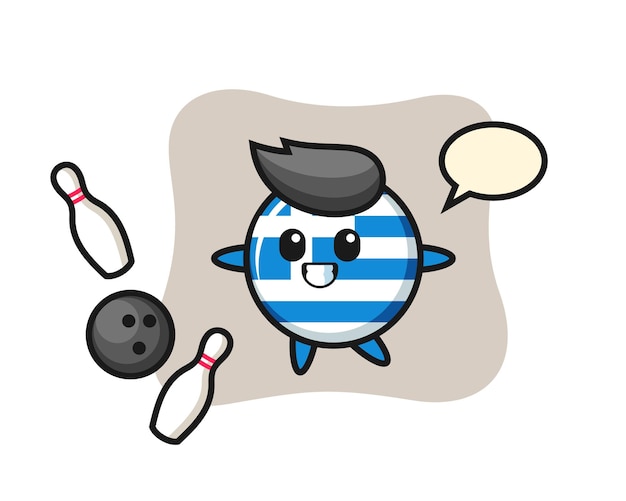 Caricatura de personaje de la insignia de la bandera de grecia está jugando bolos, diseño de estilo lindo para camiseta, pegatina, elemento de logotipo