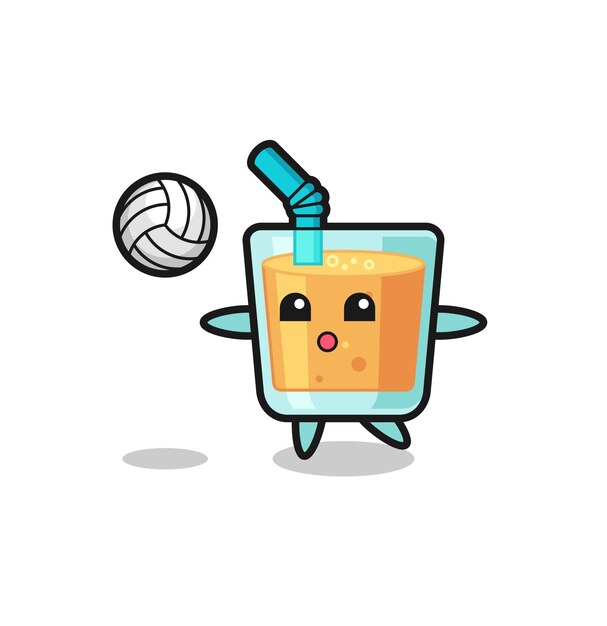 Caricatura de personaje de jugo de naranja está jugando voleibol