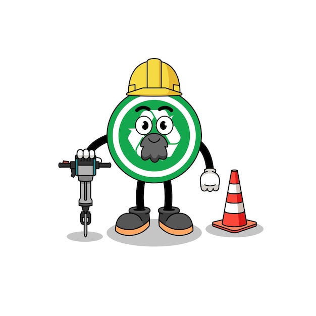 Vector caricatura de personaje de letrero de reciclaje que trabaja en el diseño de personajes de construcción de carreteras
