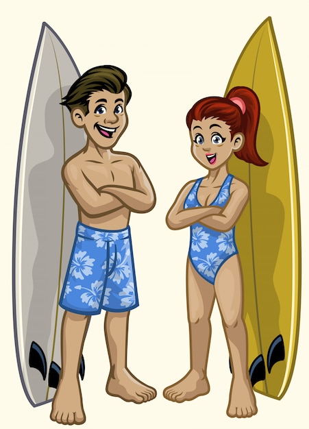 Caricatura de personaje de pareja de surfista niño y niña