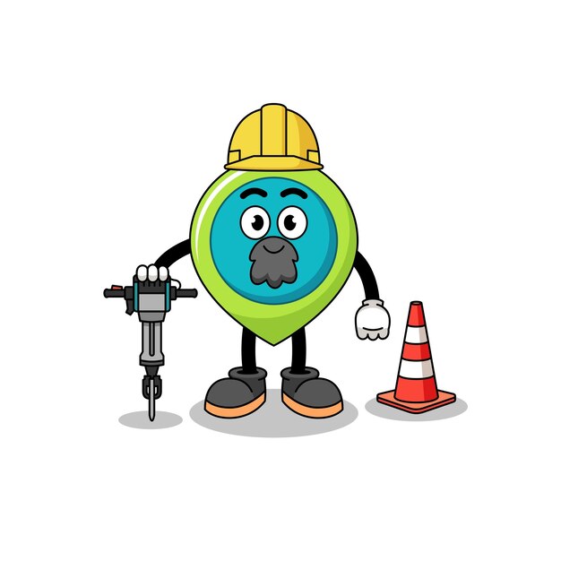 Caricatura de personaje del símbolo de ubicación que trabaja en la construcción de carreteras