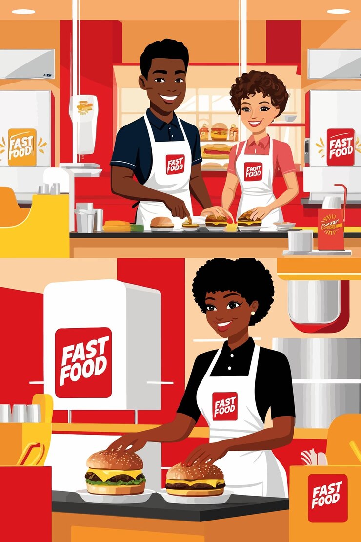 Vector una caricatura de personas cocinando en una cocina con un cartel que dice comida rápida