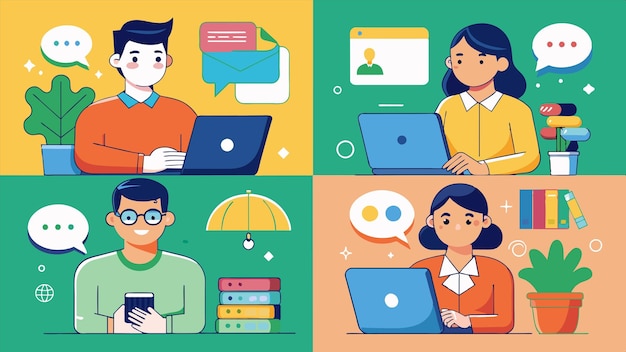 una caricatura de personas con computadoras portátiles y un hombre con una computadora portátil
