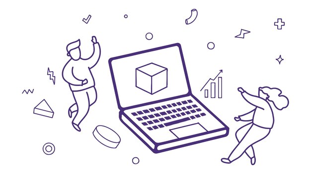Una caricatura de personas corriendo alrededor de una computadora portátil con una caja en la pantalla.