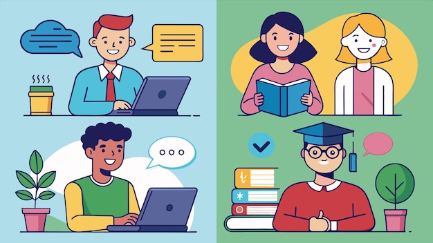 una caricatura de personas con diferentes libros y uno tiene un documento en el medio