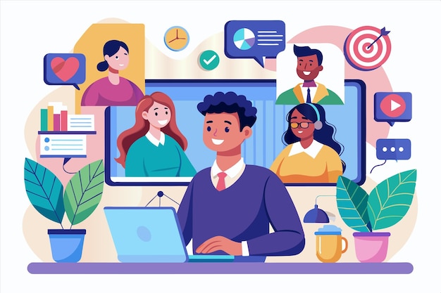 una caricatura de personas en una habitación con una computadora y un hombre con una laptop