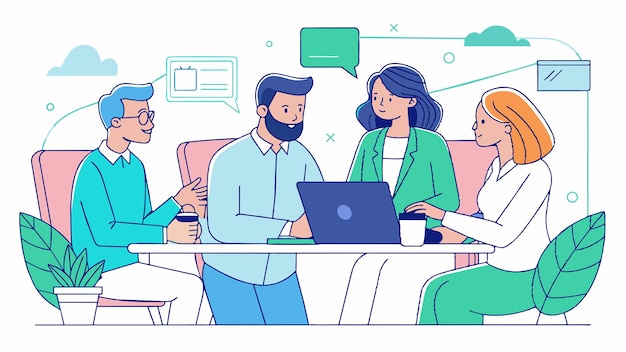 una caricatura de personas sentadas en una mesa con una computadora portátil y un hombre con una camisa verde en ella