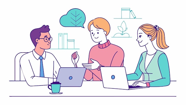 una caricatura de personas sentadas en una mesa con computadoras portátiles y un hombre con una computadora portátil y una mujer sentada detrás de ellos