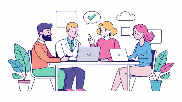 una caricatura de personas sentadas en una mesa con computadoras portátiles y una pantalla verde