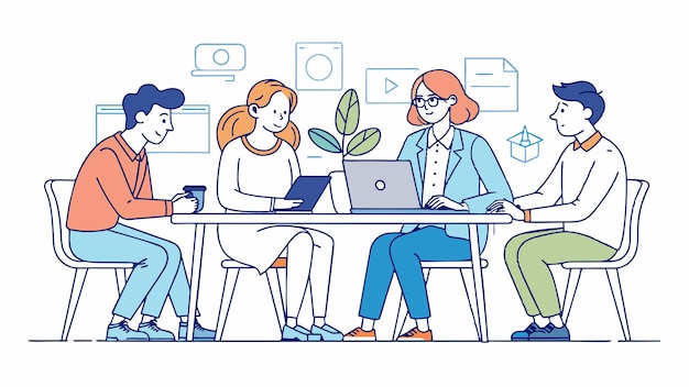 una caricatura de personas sentadas en una mesa con computadoras portátiles y una taza de café