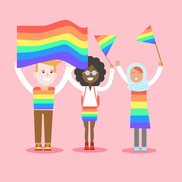 Vector una caricatura de personas sosteniendo una bandera del arco iris