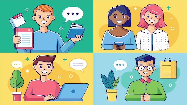 una caricatura de personas con una tarjeta de crédito y un hombre con una computadora portátil