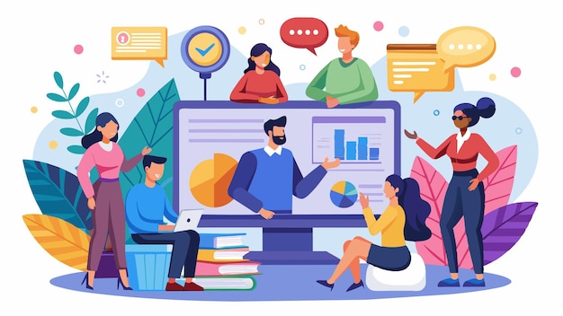 una caricatura de personas trabajando en una computadora con un gráfico que muestra la hora como 4 30