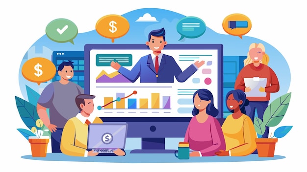 una caricatura de personas trabajando en una computadora con un gráfico que muestra el plan financiero financiero