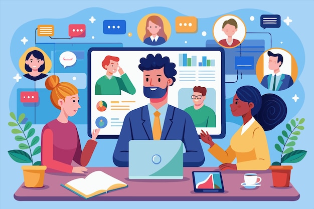 una caricatura de personas trabajando frente a una pantalla de computadora