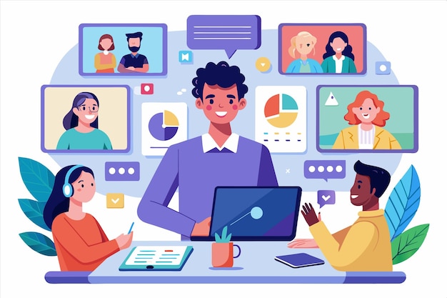 una caricatura de personas trabajando en una junta con un hombre trabajando en una computadora portátil