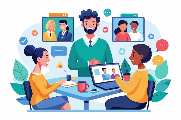 una caricatura de personas trabajando en una reunión con un hombre y una mujer con una computadora portátil