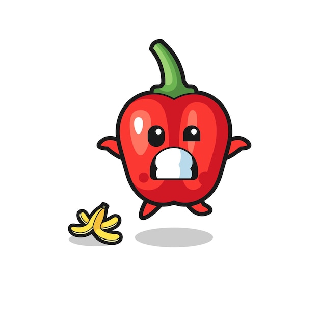 La caricatura de pimiento rojo se desliza sobre una cáscara de plátano