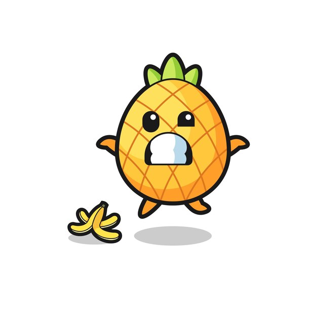 La caricatura de piña se desliza en un lindo diseño de cáscara de plátano