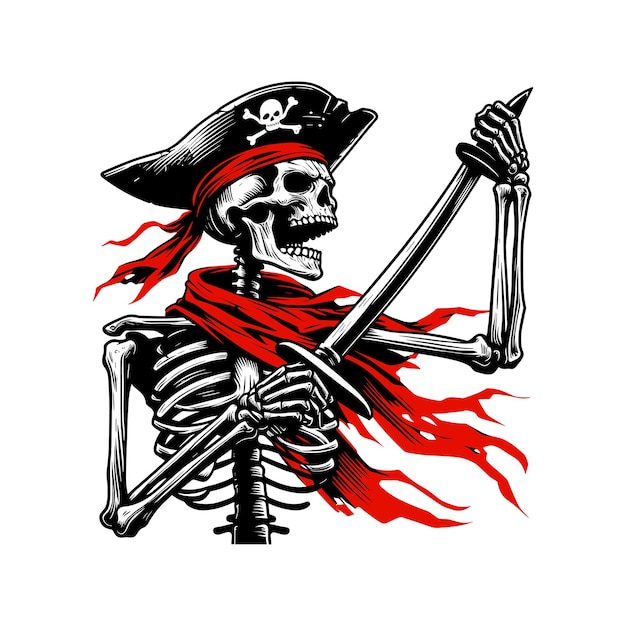 una caricatura de un pirata con una capa roja feroz esqueleto pirata ilustración vectorial