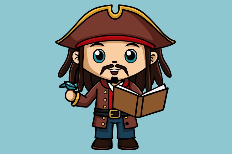 Vector una caricatura de un pirata con un libro y un libro titulado "cita un pirata"