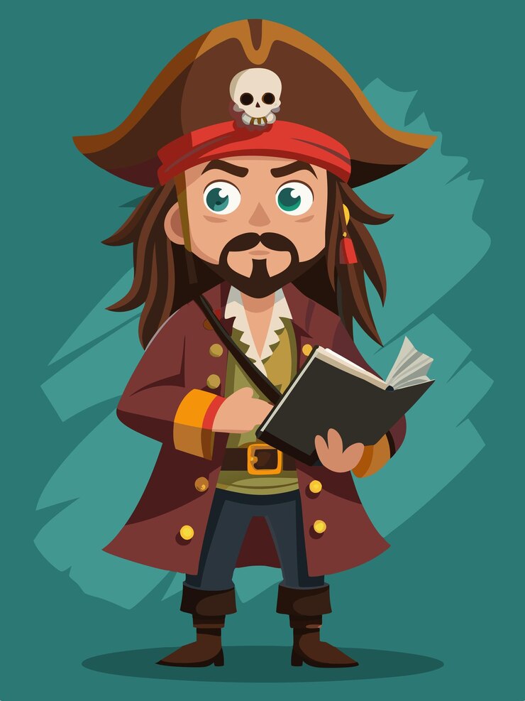 Vector una caricatura de un pirata con un libro titulado quot pirate quot
