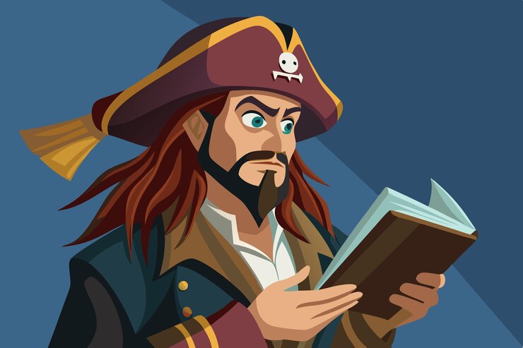 una caricatura de un pirata con un libro titulado quot pirate quot