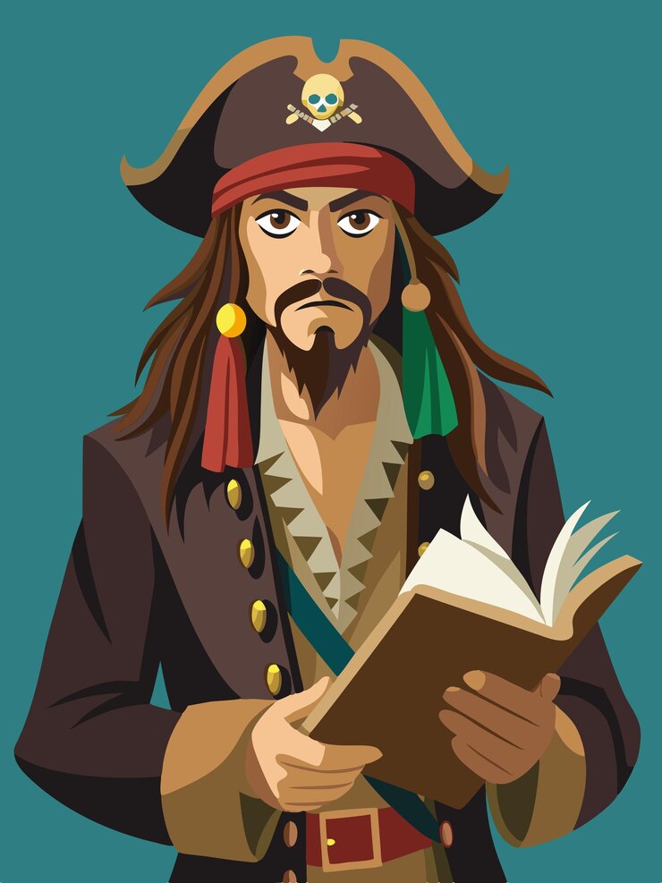 Vector una caricatura de un pirata con un libro titulado quot pirate quot