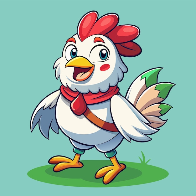 Una caricatura de un pollo con una bufanda en él