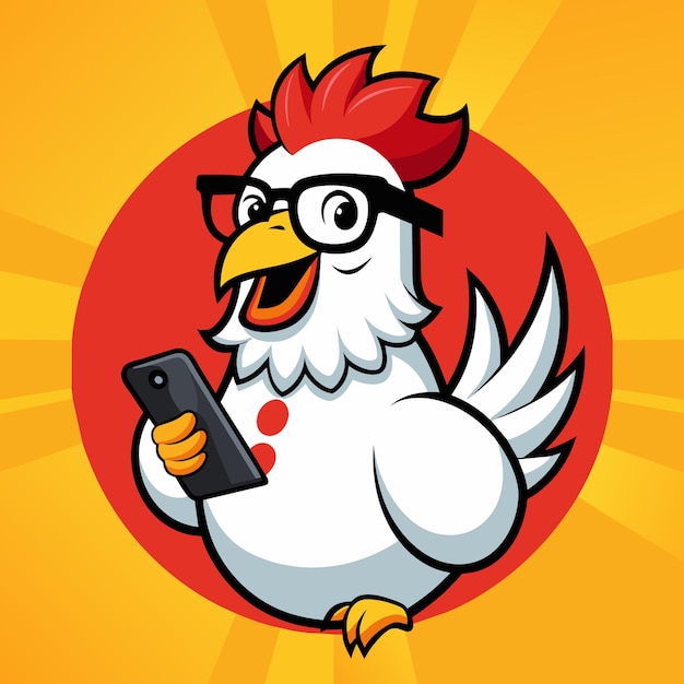 una caricatura de un pollo con gafas y un teléfono delante de él